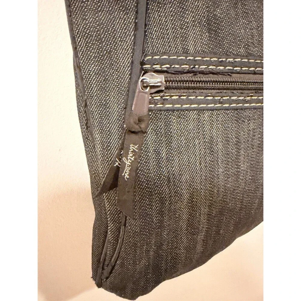 Thirty-One Gray Crossbody Bag, Zip Top, Adjust Strap, Pockets, Striped Lining